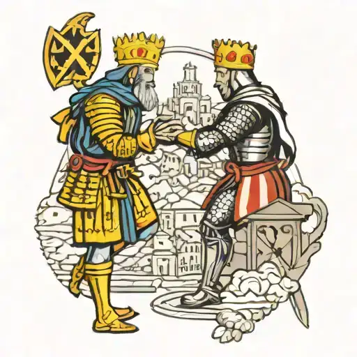 knight giving keyes to saint Peter while Croatia in background  tattoo design idea