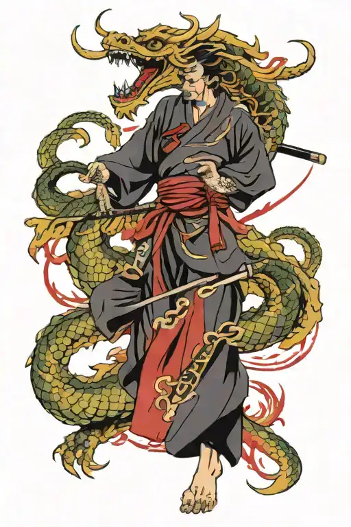 samurai fighting dragon wrapped tattoo design idea