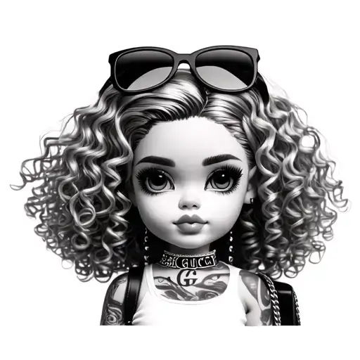 hyper realistic bratz with curly hair, gucci clothes & gucci bag , sunglasses on her head tattoo design idea