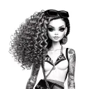 hyper realistic bratz with curly hair, gucci clothes & gucci bag , sunglasses on her head tattoo design idea