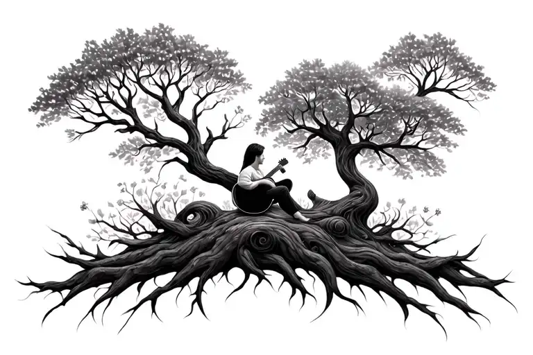 tree of life symbol with someone sat under it playing guitar tattoo design idea