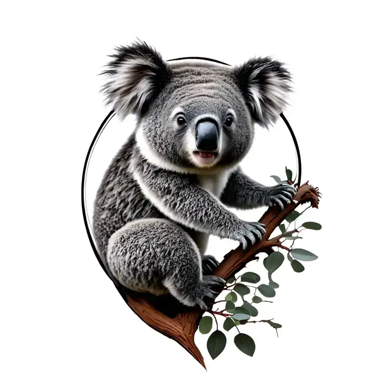 Black and white, koala bear on eucalyptus tree branch tattoo design idea