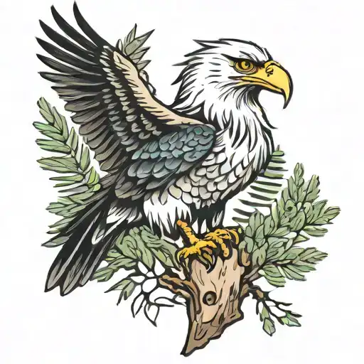 birch bark, pine trees, eagle, crane tattoo design idea
