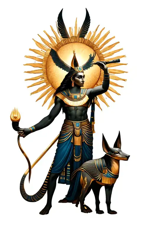 RA holding sun and Anubis guiding souls tattoo design idea
