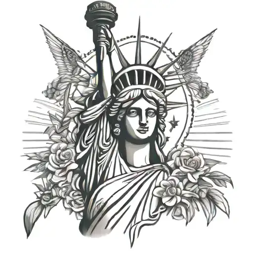 haitian flag intertwined statue of liberty dress holding sign (Konfyans) flowers above statue  tattoo design idea