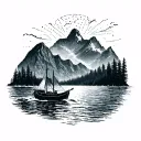 A tattoo to honor my grandpa with the coastal British Columbia mountains and the ocean and a boat  tattoo design idea