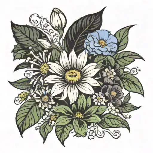 Bouquet of birth flowers marigold, water lilly, daisy, and morning glory tattoo design idea