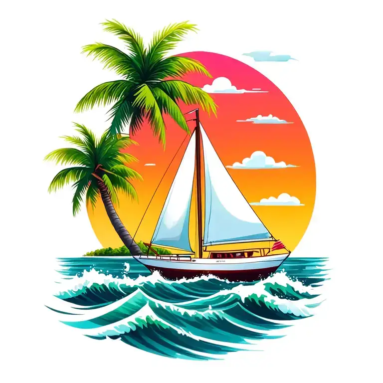 foreground white sailboat, sunrise sky background island palm tree. calm ocean waves, bright and vibrant colors tattoo design idea
