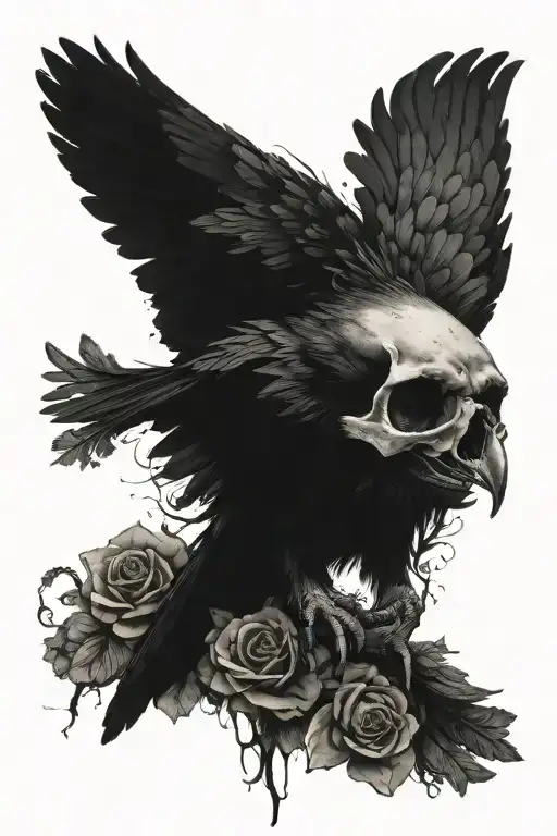 black raven with spreaded wings on top of a skull, surrounded with flowers tattoo design idea