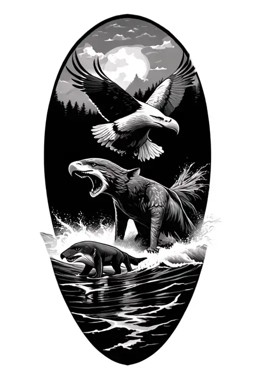 air, land and sea. eagle soaring. wilderness with wolves, sea with shark tattoo design idea