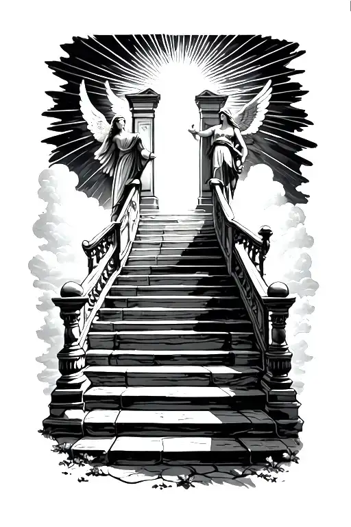 stairway to heaven walking up stairs angels sun rays clouds heaven gate at the top of the stairs  tattoo design idea