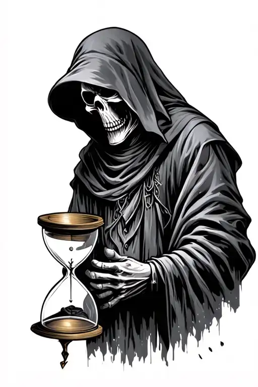 rugged grim reaper holding hourglass tattoo design idea