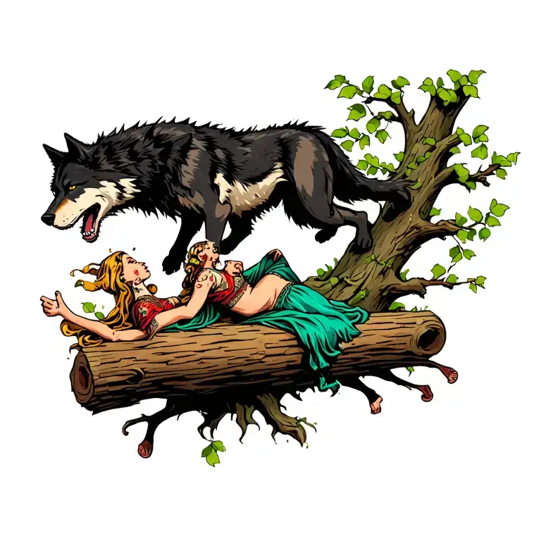 wolf jumping off a tree log onto a voodoo doll woman laying tattoo design idea
