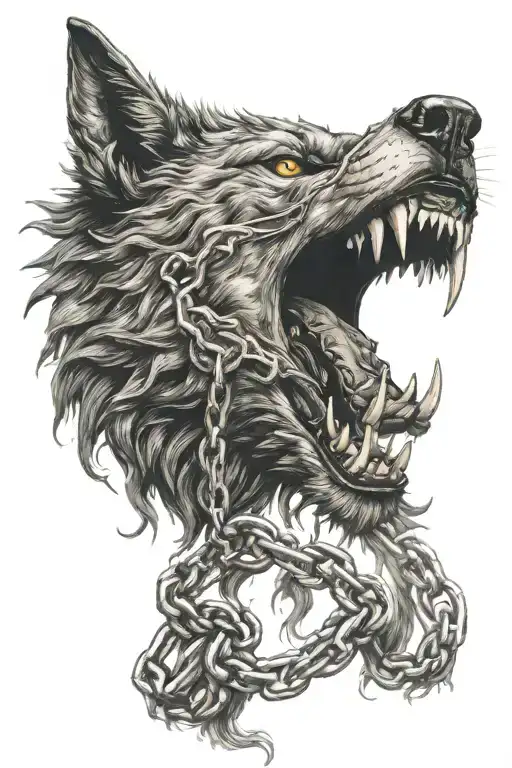fenrir wrapped in chains fire coming from mouth open tattoo design idea