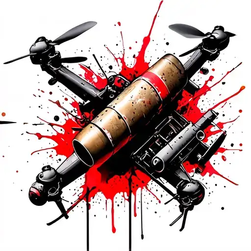 Ukrainian FPV strike drone carrying artillery shell tattoo design idea