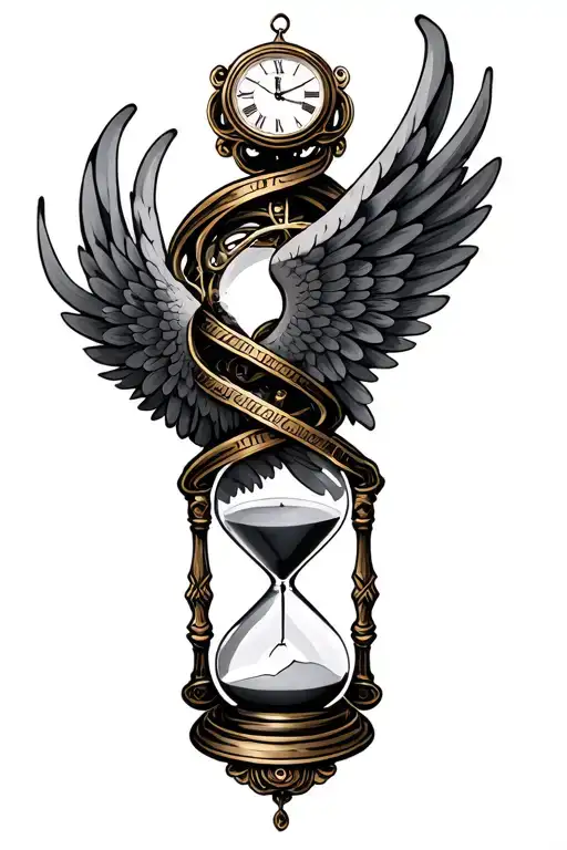 hourglass wrapped , clock mechanism intertwined, wings tattoo design idea