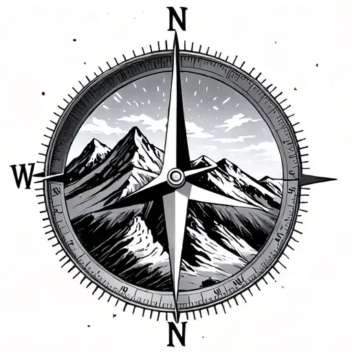 compass with mountain around it and yolo right above the N and the mountain tattoo design idea