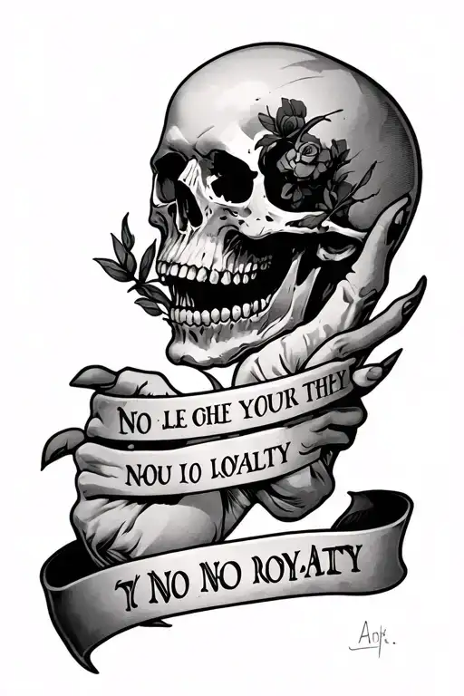 no loyalty no royalty written on arm in skull tattoo design idea