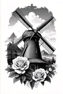 ranger, mountains, dutch windmill, roses blooming cherry blossom tattoo design idea