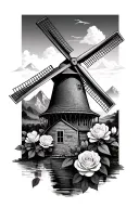 ranger, mountains, dutch windmill, roses blooming cherry blossom tattoo design idea