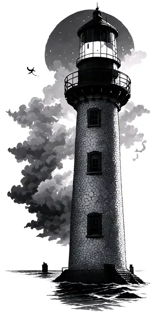 lighthouse standing tall shining light through a storm tattoo design idea