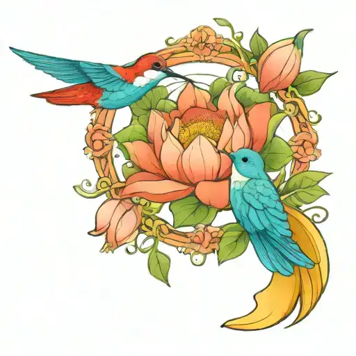 lotus flower wreath with hummingbird nesting  tattoo design idea