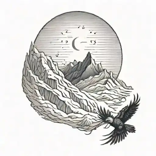 waning crescent moon and mountains and bearded vulture tattoo design idea