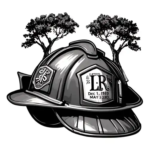 Tattoo of a firefighter's helmet with trees growing on it along with initials L.R and the dates Dec 1, 1939 – May 25, 20 tattoo design idea