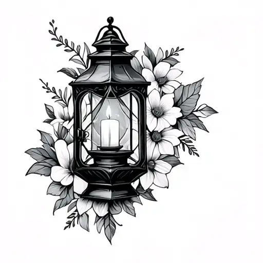 gothic lantern with candle surrounded by flowers tattoo design idea