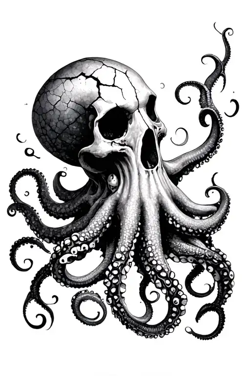 Dark, surreal stipple tattoo of an octopus with a cracked human skull for a head, intricate tentacles flowing  tattoo design idea