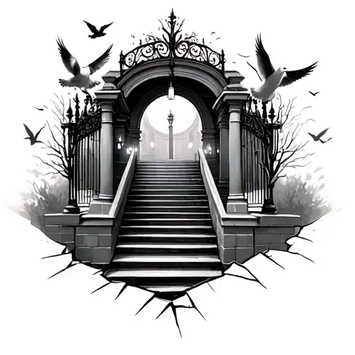 stair case cracked gates doves flying and lights tattoo design idea