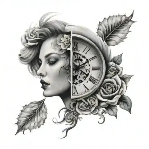 realistic woman face clock tattoo design idea