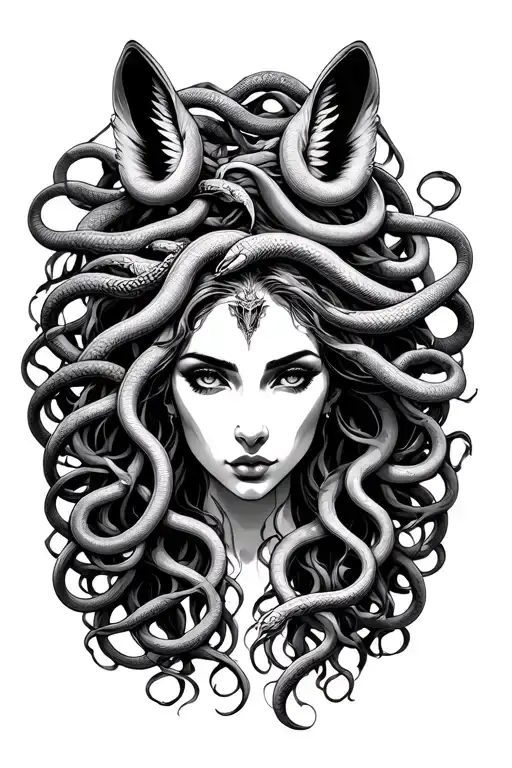 medusa greek mythology with megan fox face  and snakes above head  tattoo design idea