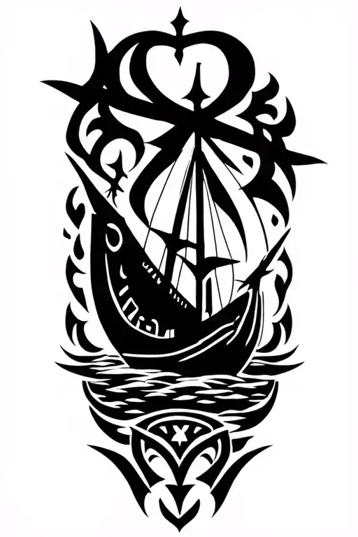 "ᛗᛟᛏᚺᛖᚱ" norse mythology inspired tattoo featuring viking Longship and a Valkyrie  tattoo design idea
