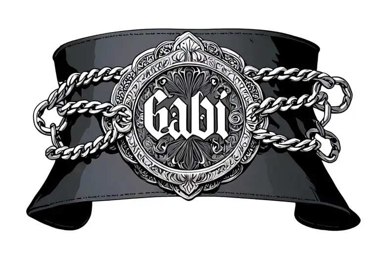 Tattoo garter: wide (approx. 4-5 cm). In the middle a medallion with the inscription Gabi. Men's tattoo, chains tattoo design idea