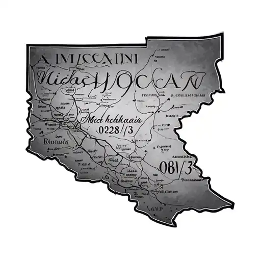 Create tattoo with Michoacan map outline and include 08/28/63 and 03/08/73 in Roman numerals inside tattoo design idea
