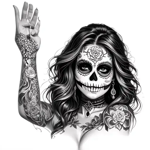 Male sleeve tatto with rosary beans, sexy girl with sugar skull makeup on her face and amazing body and titties tattoo design idea