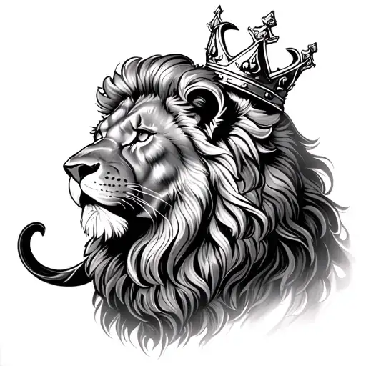 I want a realistic lion for half arm and a black and white tattoo design with king crown in his head tattoo design idea