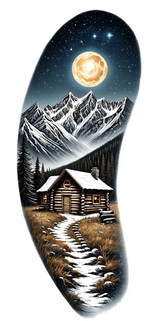A mountain trail, with a log cabin ahead surrounded by mountains and a starry sky tattoo design idea