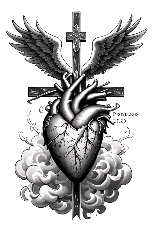 sacred heart with cross and proverbs 4:23 cloud filler tattoo design idea