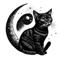 cat sitting on a crescent moon looking up at stars and planets  tattoo design idea