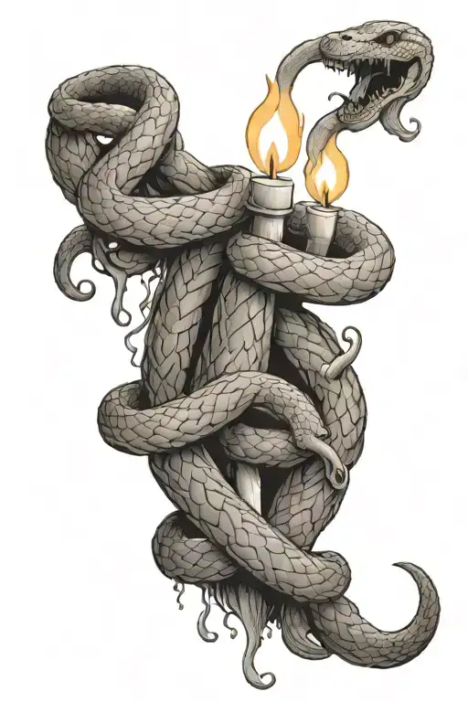 Two headed snake wrapped partially around a candle burning at both ends, one head is reacting to the candle, the other h tattoo design idea