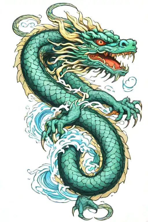 traditional korean water dragon, with 4 claws per hand, and water streaks swirling around the dragon  tattoo design idea