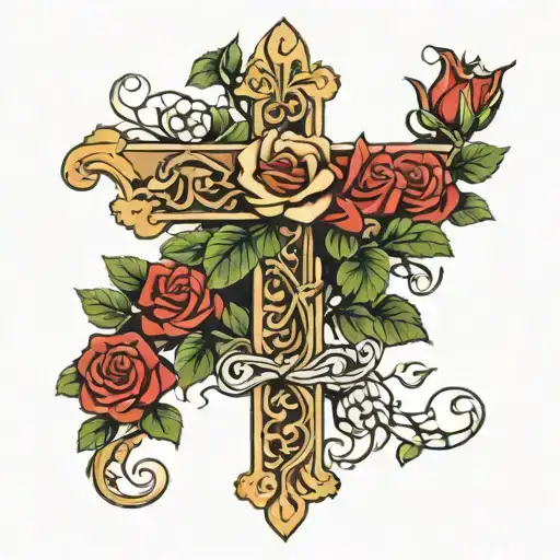 cross with rose vines wrapping around tattoo design idea