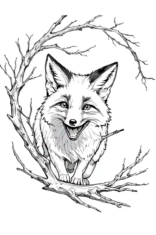 running grinning fox surrounded by long tree branches tattoo design idea