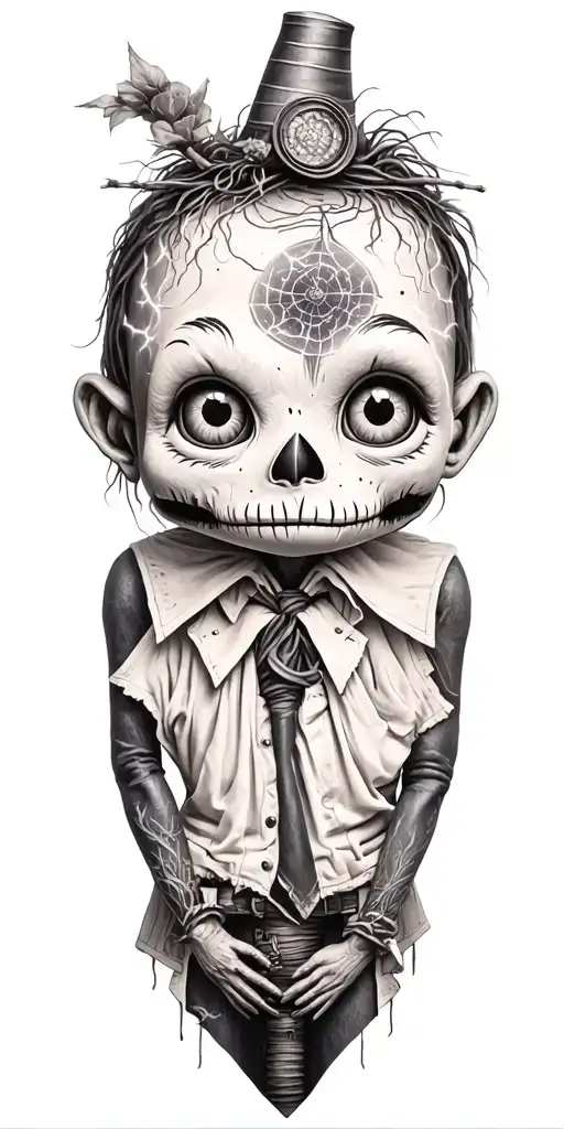 cute stiched whole body voodoo puppet with cylinder hat and lightining storm and vegvisir and nature tattoo design idea