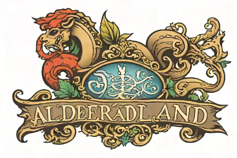 text "ALDERLAND" written across tattoo design idea