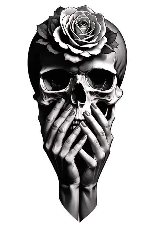 3 skulls side by side with roses one covering its ears with hands, one covering mouth with hands and one covering its ey tattoo design idea