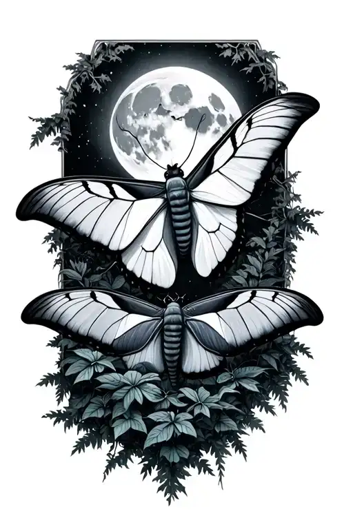 Luna moth, moon rising, forest tattoo design idea