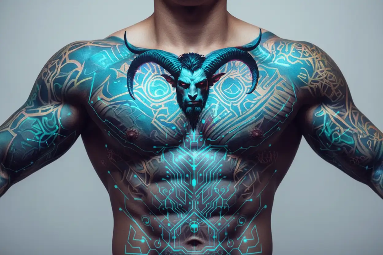 gay male horned satyr with massive bodybuilder muscles. tree roots, constellations, woodland wild animals tattoo design idea